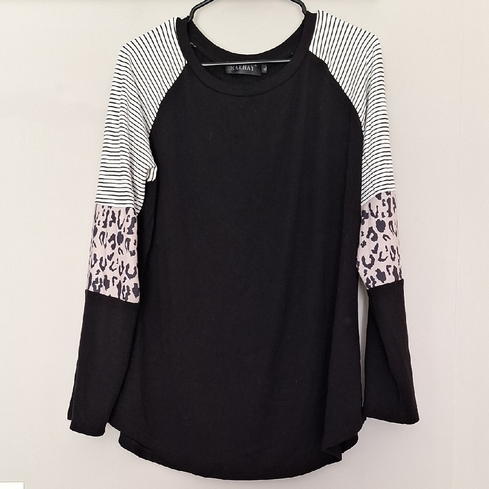 Black Sweatshirt with Striped and Leopard Sleeves